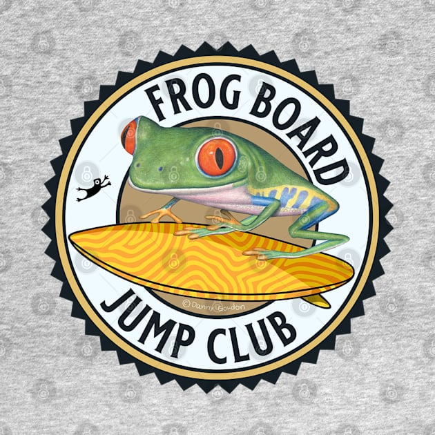 Cute and Funny red eyed tree frog riding a surfboard and is ready for the jump club tee by Danny Gordon Art